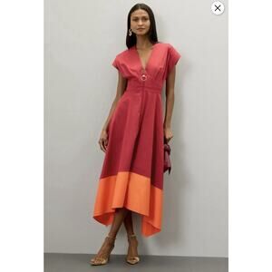 Roksanda $410 Two Tone Midi Dress Red Orange Twill US Size 4